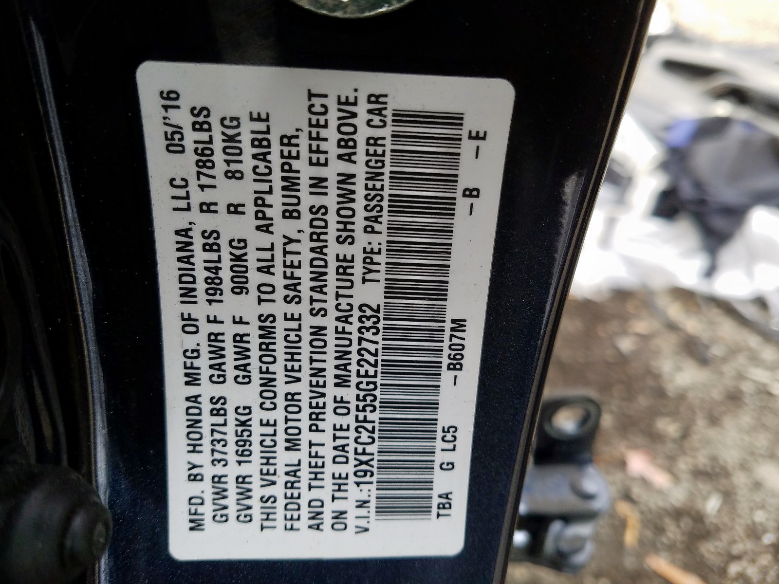 Photo 10 from auction – 2016 HONDA CIVIC LX with VIN 19XFC2F55GE227332