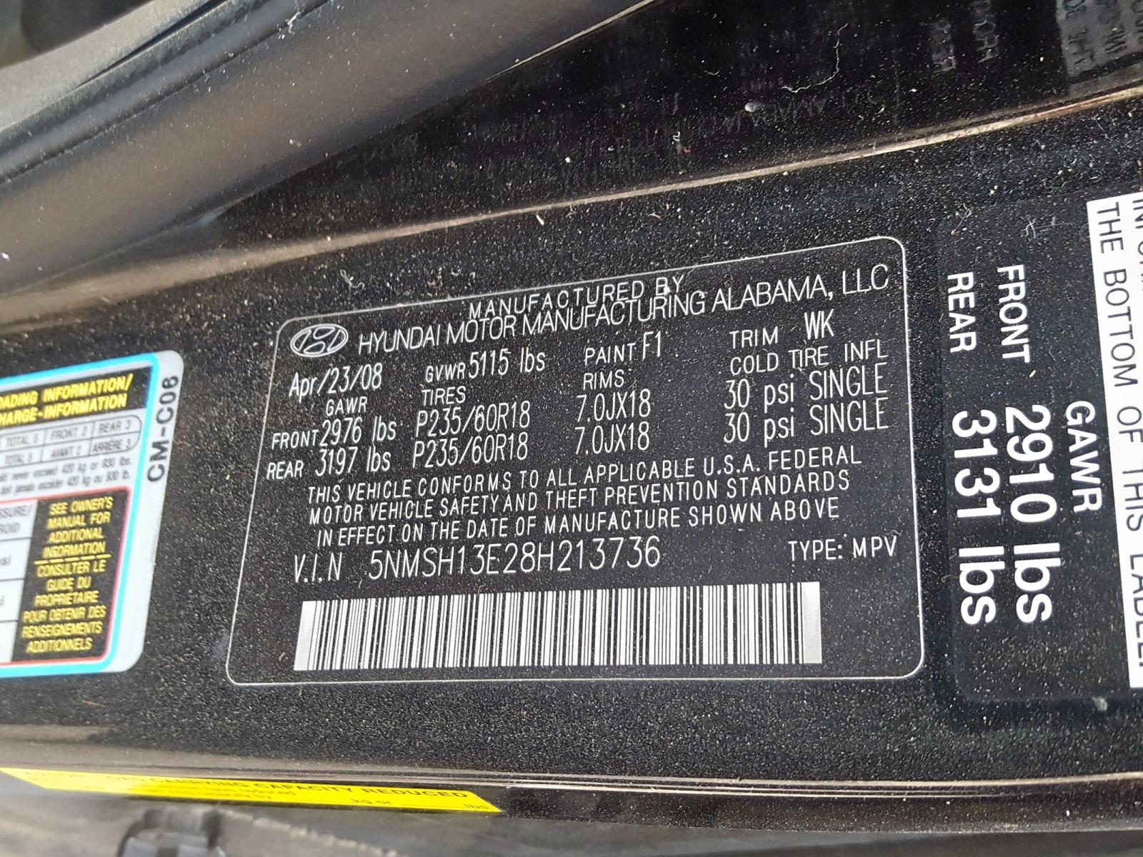Photo 10 from auction – 2008 HYUNDAI SANTA FE S with VIN 5NMSH13E28H213736
