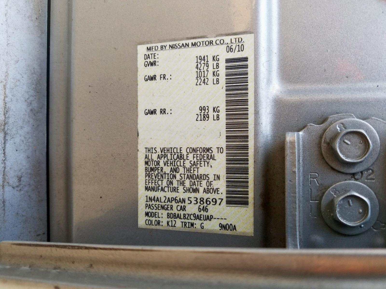 Photo 10 from auction – 2010 NISSAN ALTIMA BAS with VIN 1N4AL2AP6AN538697