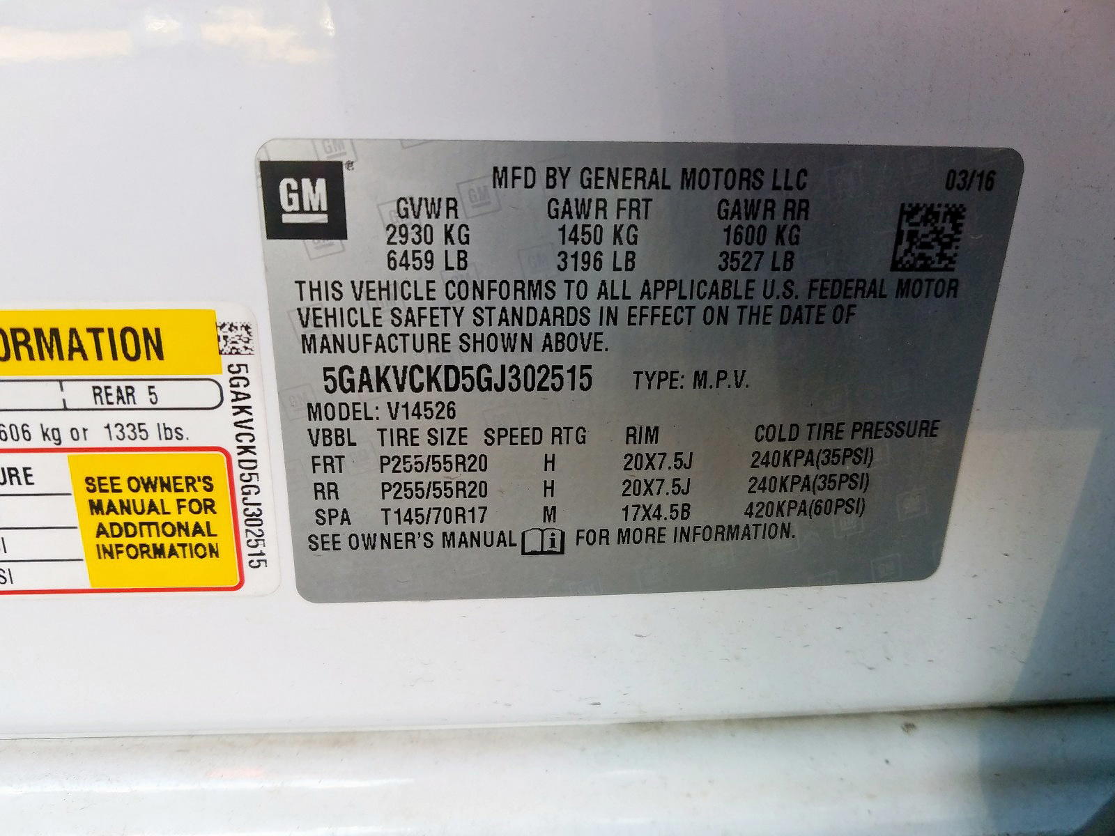 Photo 10 from auction – 2016 BUICK ENCLAVE with VIN 5GAKVCKD5GJ302515