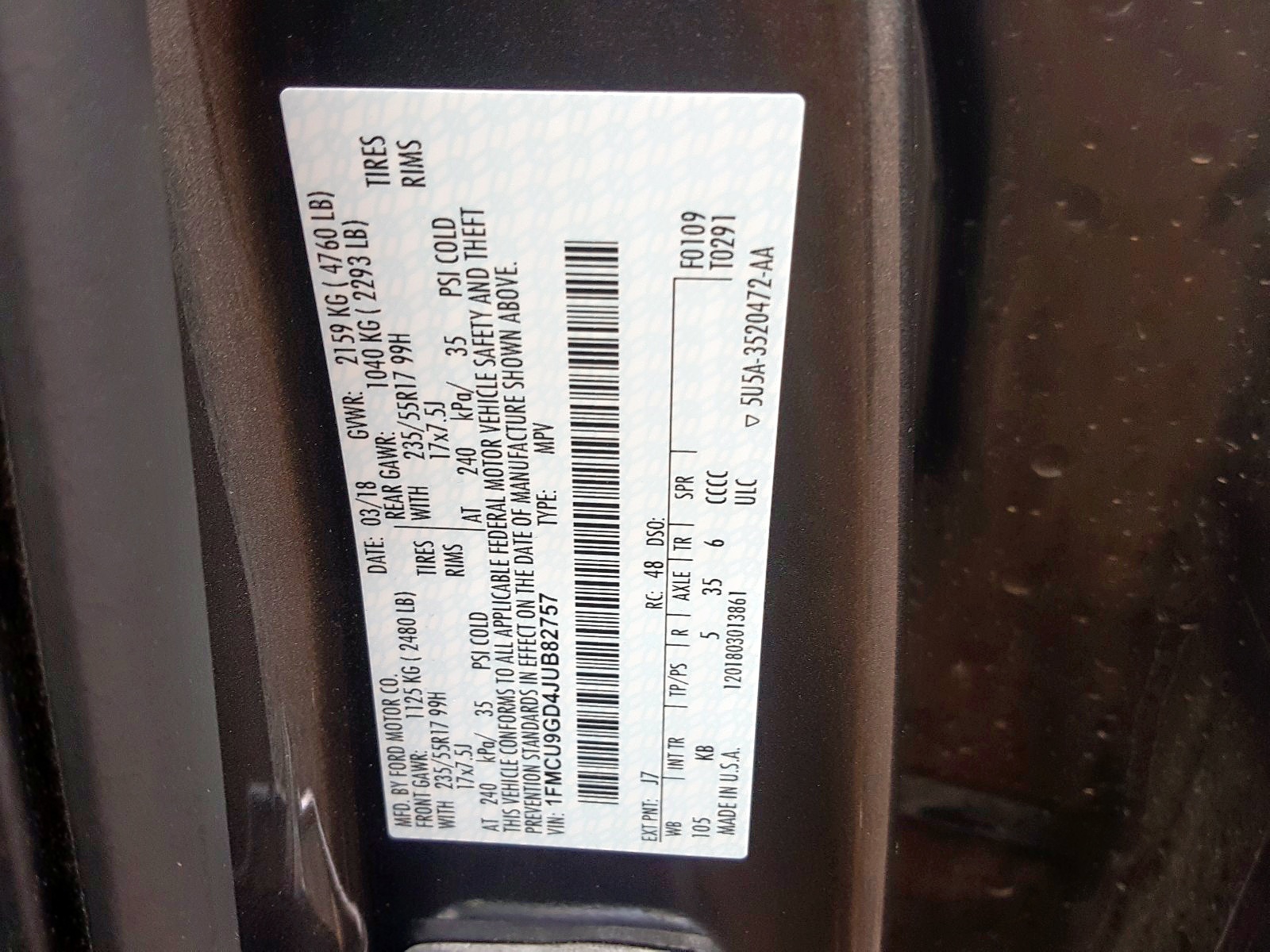 Photo 10 from auction – 2018 FORD ESCAPE SE with VIN 1FMCU9GD4JUB82757