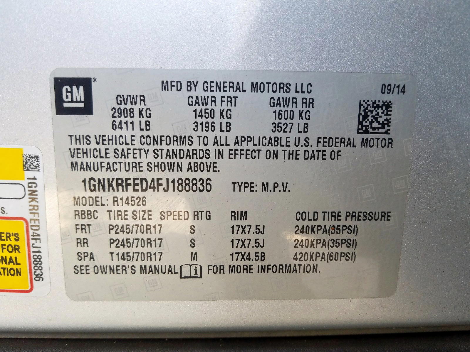 Photo 10 from auction – 2015 CHEVROLET TRAVERSE L with VIN 1GNKRFED4FJ188836