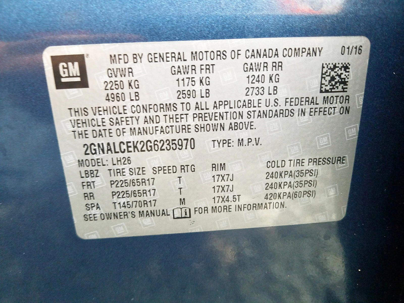 Photo 10 from auction – 2016 CHEVROLET EQUINOX LT with VIN 2GNALCEK2G6235970