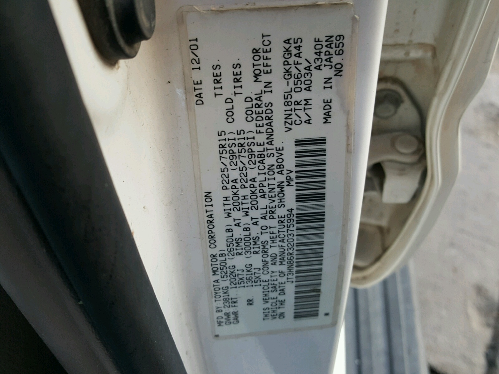 Photo 10 from auction – 2002 TOYOTA 4RUNNER SR with VIN JT3HN86R320375994