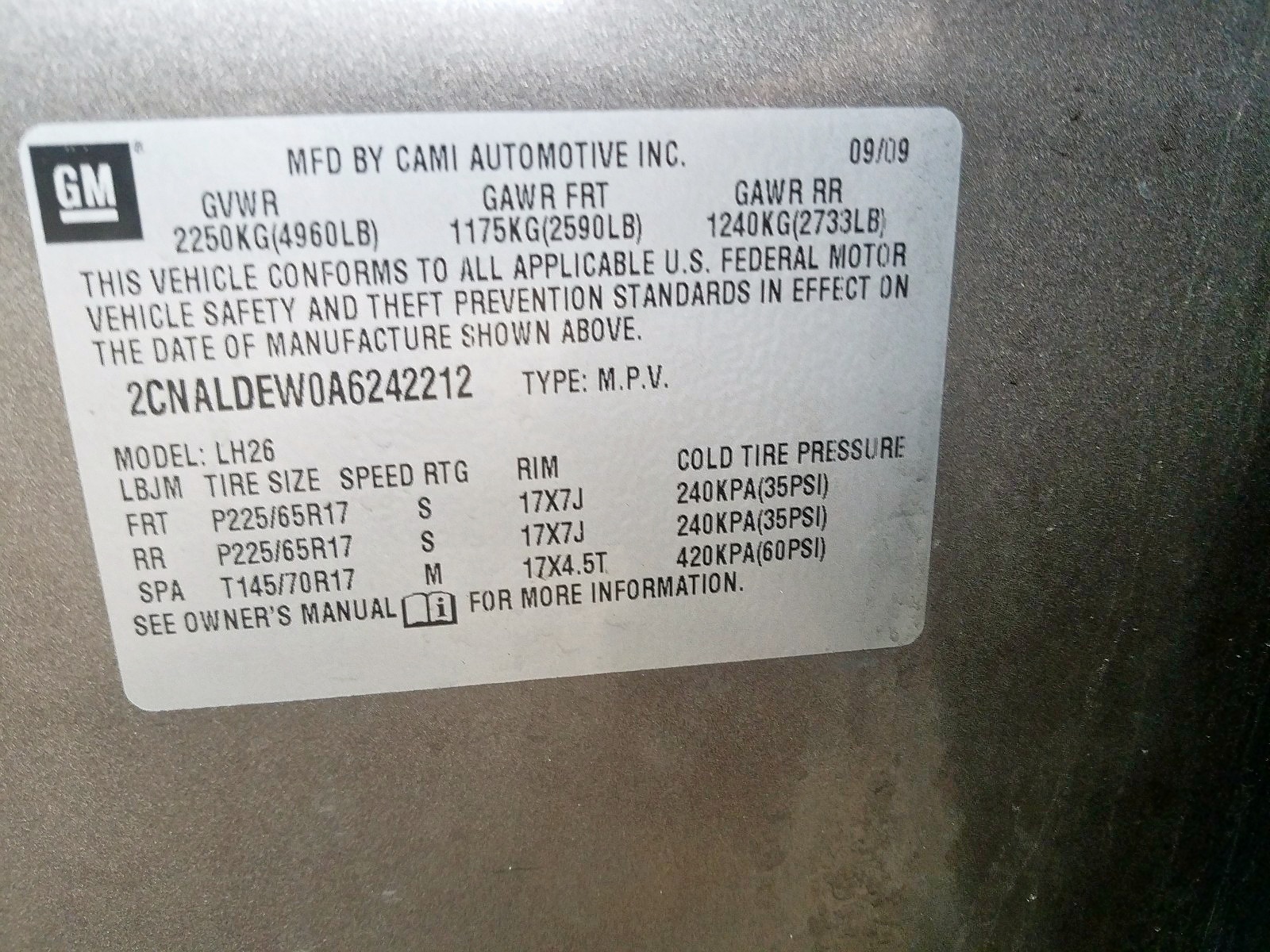 Photo 10 from auction – 2010 CHEVROLET EQUINOX LT with VIN 2CNALDEW0A6242212