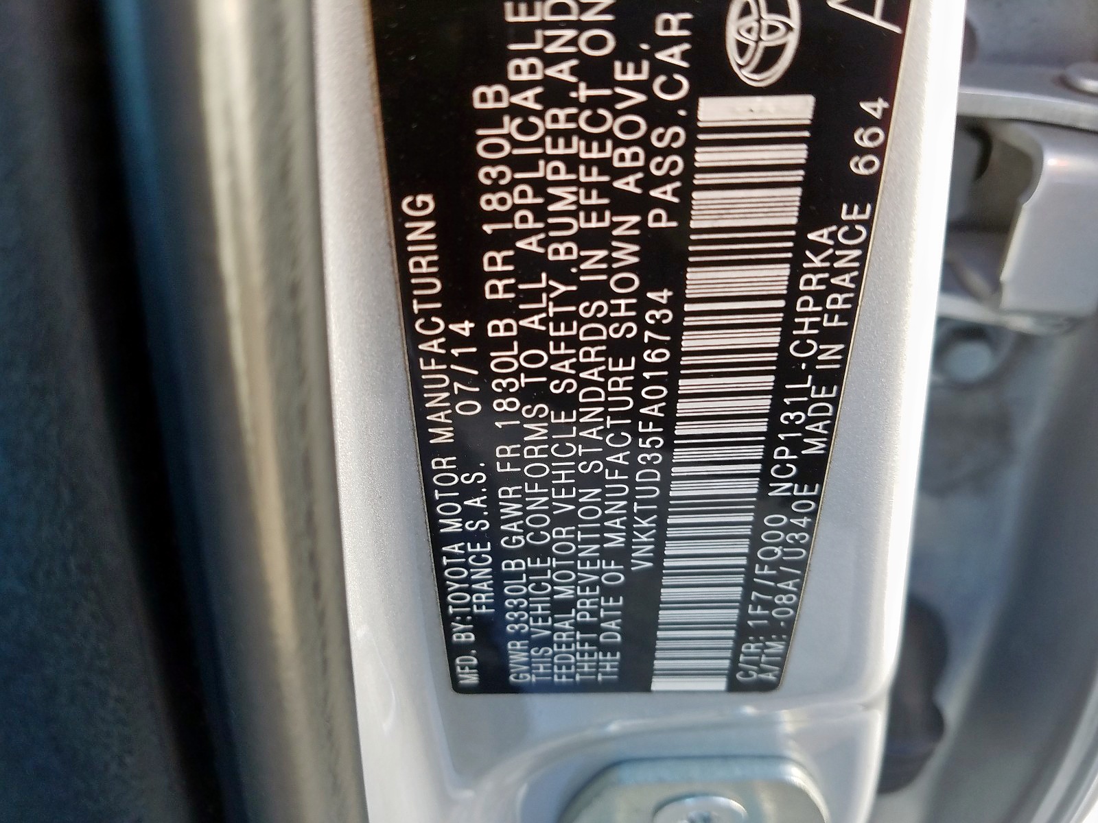Photo 10 from auction – 2015 TOYOTA YARIS with VIN VNKKTUD35FA016734