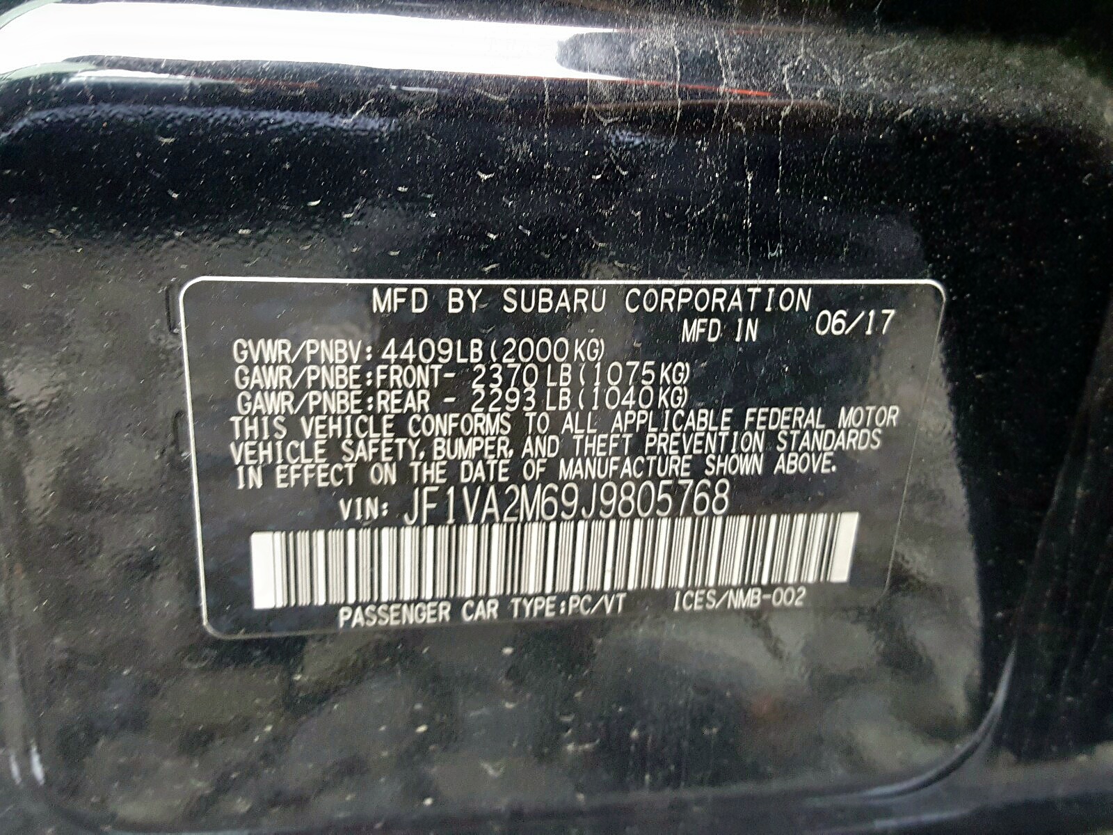 Photo 10 from auction – 2018 SUBARU WRX STI with VIN JF1VA2M69J9805768