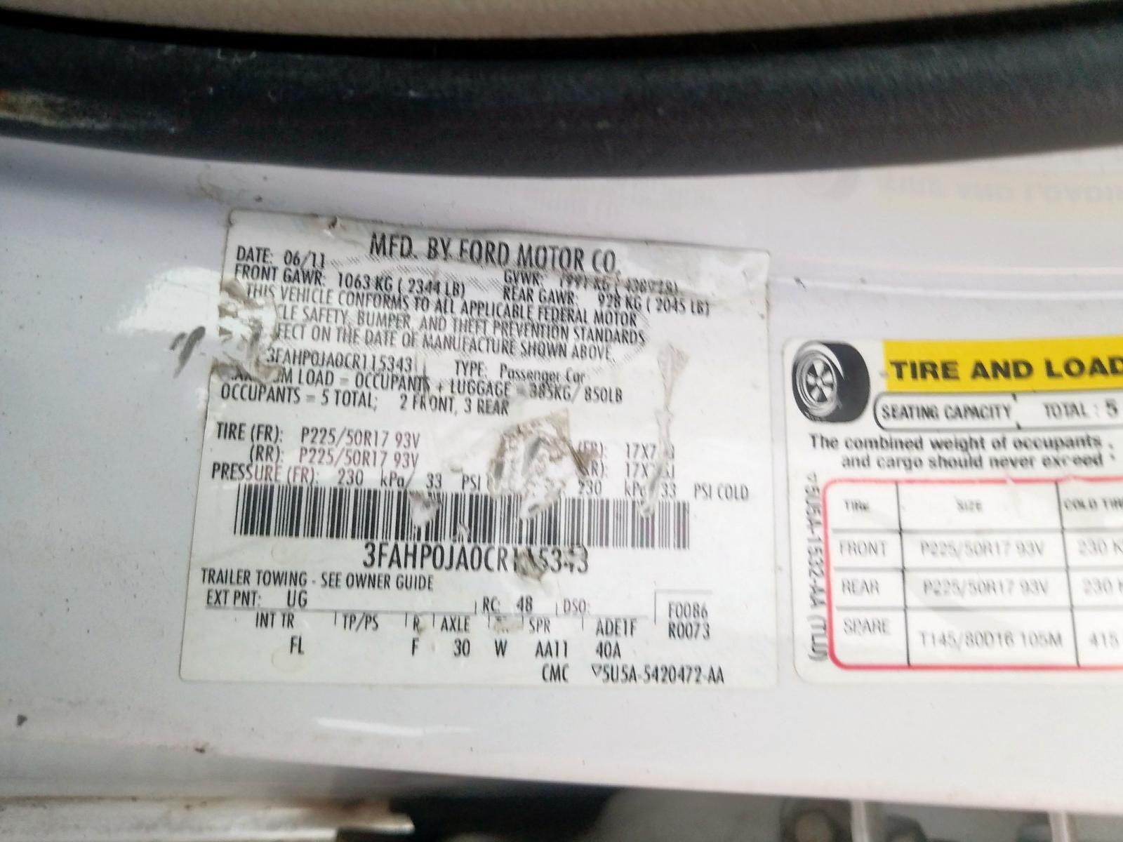 Photo 10 from auction – 2012 FORD FUSION SEL with VIN 3FAHP0JA0CR115343