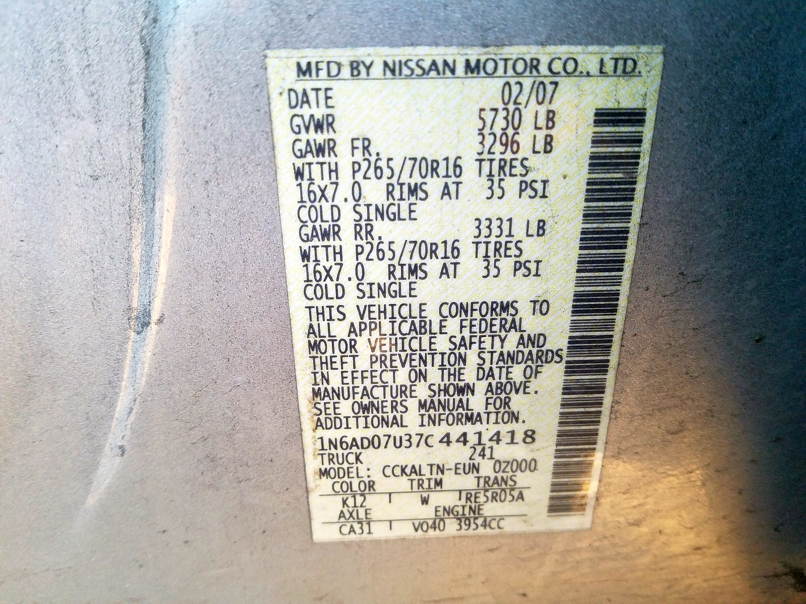 Photo 10 from auction – 2007 NISSAN FRONTIER C with VIN 1N6AD07U37C441418