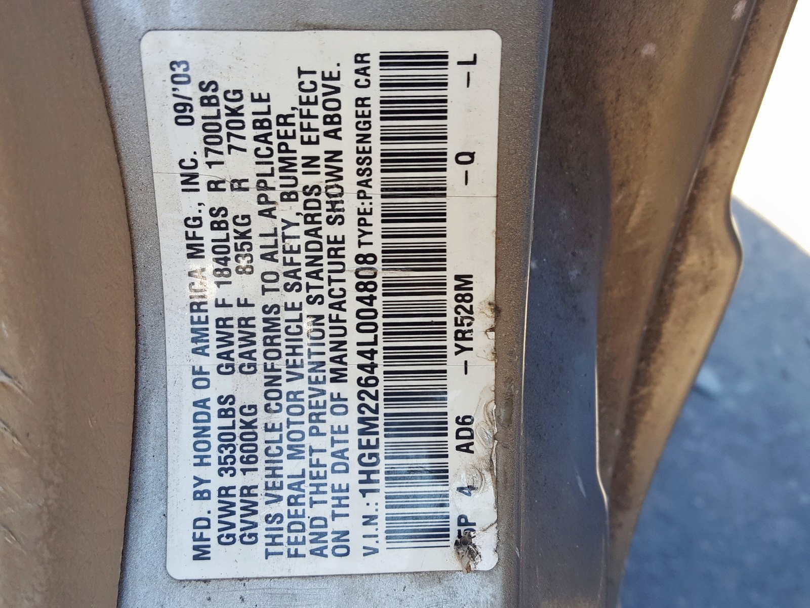 Photo 10 from auction – 2004 HONDA CIVIC LX with VIN 1HGEM22644L004808