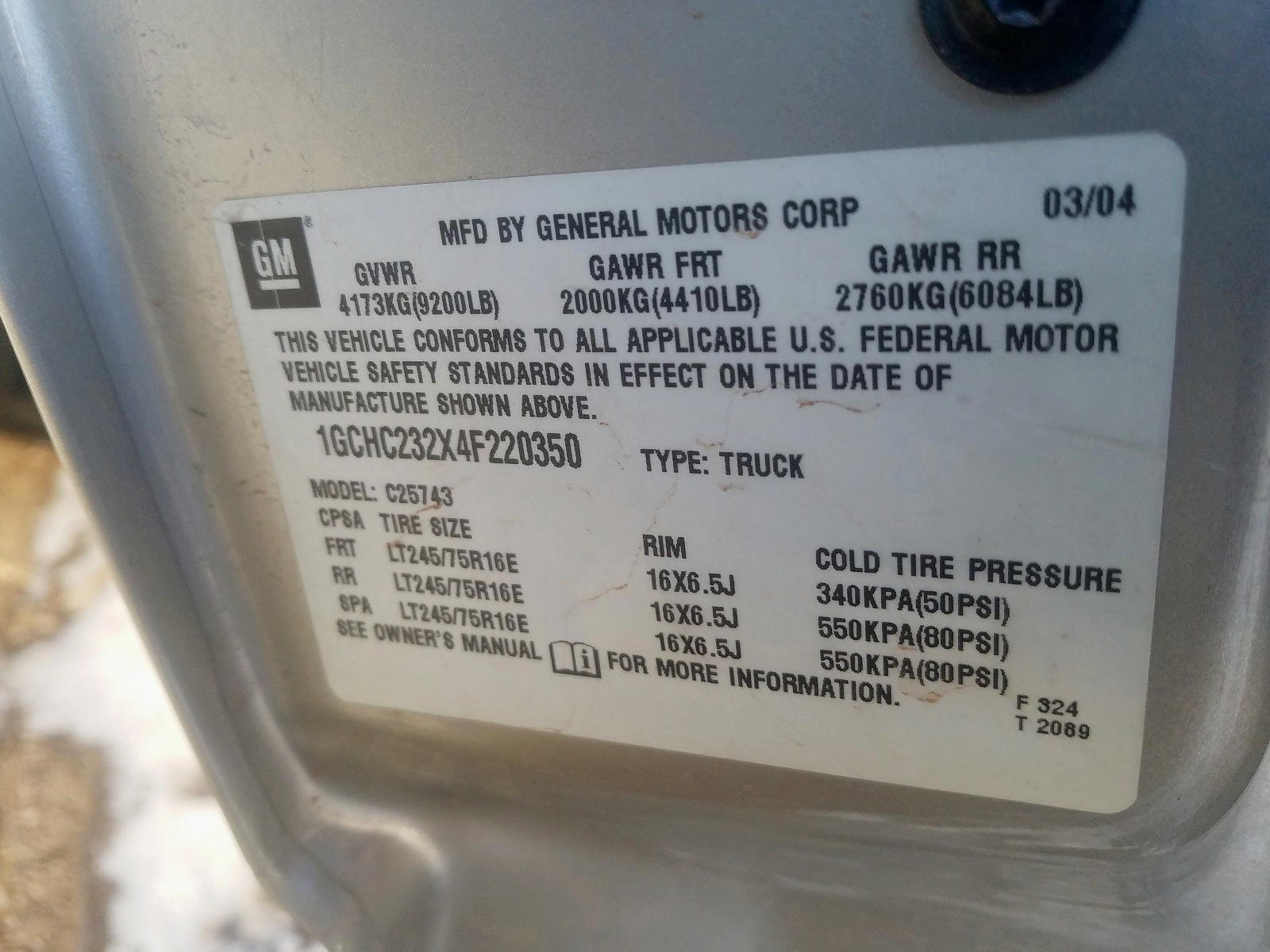 Photo 10 from auction – 2004 CHEVROLET SILVERADO with VIN 1GCHC232X4F220350