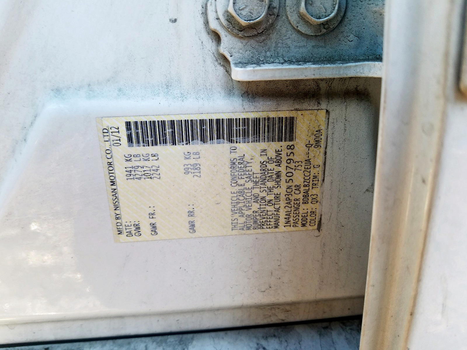 Photo 10 from auction – 2012 NISSAN ALTIMA BAS with VIN 1N4AL2AP3CN507958