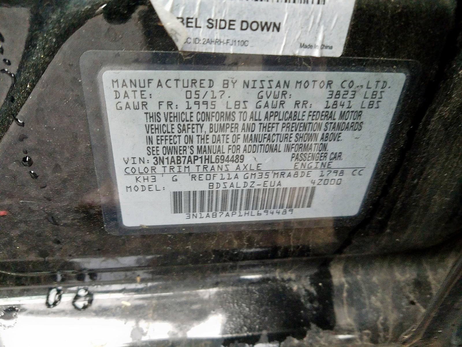 Photo 10 from auction – 2017 NISSAN SENTRA S with VIN 3N1AB7AP1HL694489