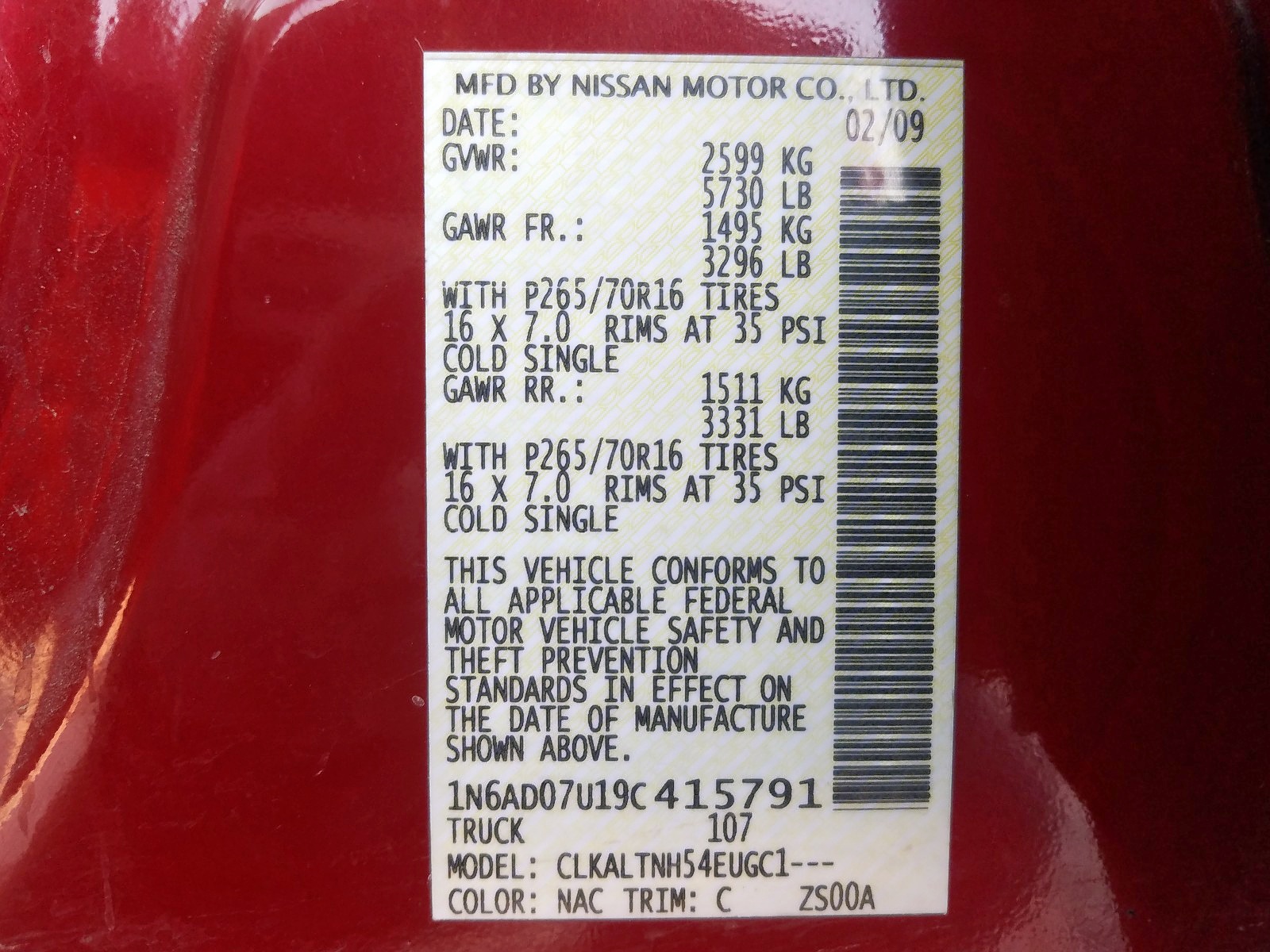 Photo 10 from auction – 2009 NISSAN FRONTIER C with VIN 1N6AD07U19C415791