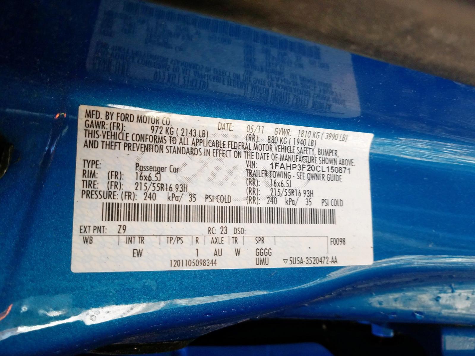 Photo 10 from auction – 2012 FORD FOCUS SE with VIN 1FAHP3F20CL150871
