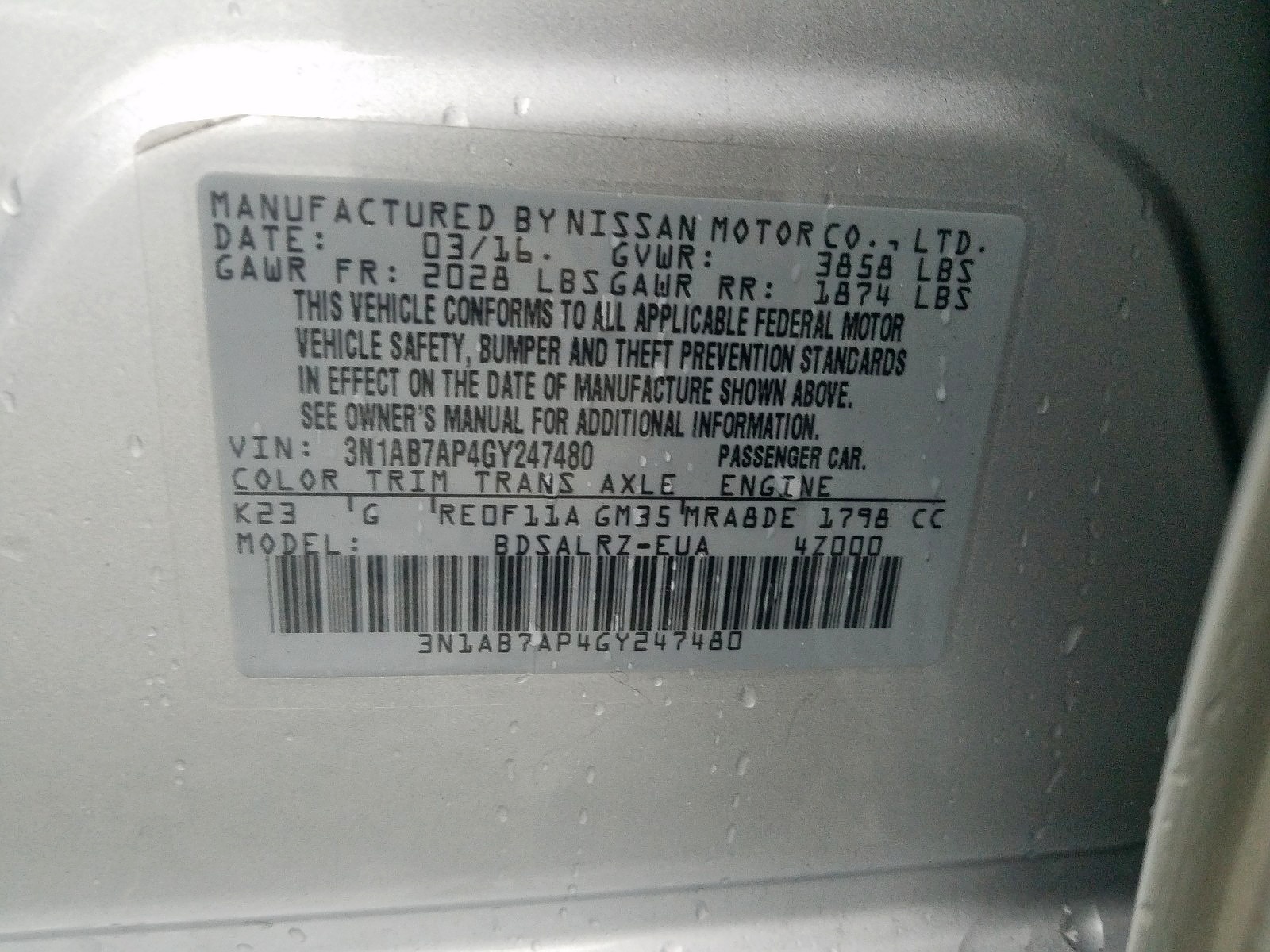 Photo 10 from auction – 2016 NISSAN SENTRA S with VIN 3N1AB7AP4GY247480