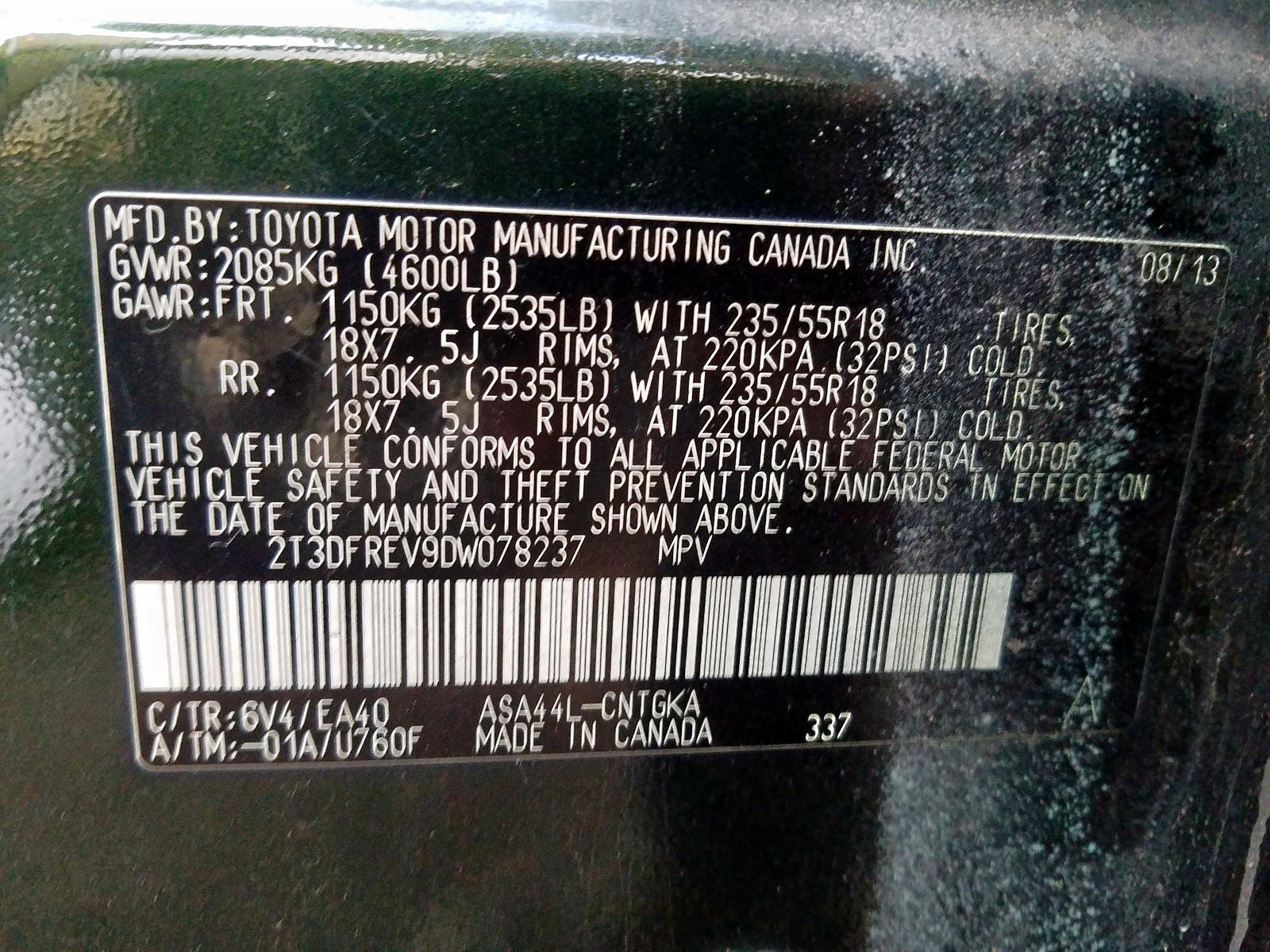 Photo 10 from auction – 2013 TOYOTA RAV4 LIMIT with VIN 2T3DFREV9DW078237
