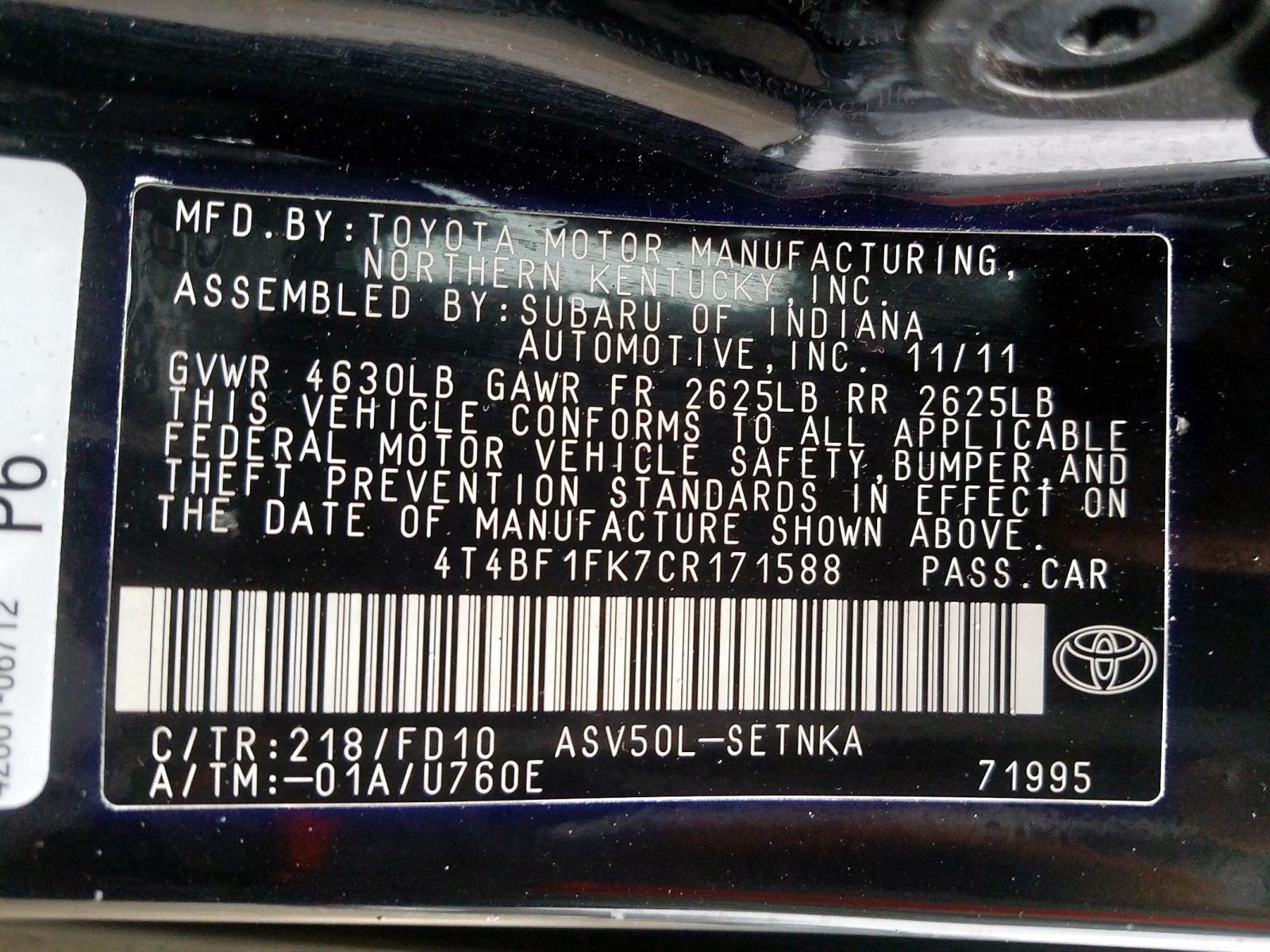 Photo 10 from auction – 2012 TOYOTA CAMRY BASE with VIN 4T4BF1FK7CR171588