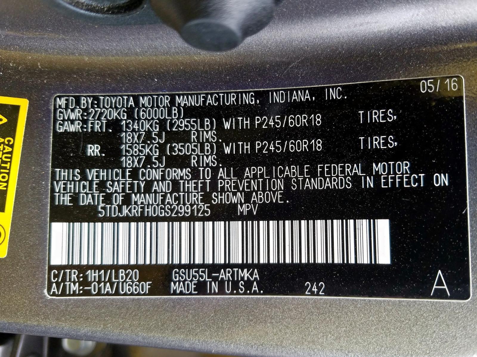 Photo 10 from auction – 2016 TOYOTA HIGHLANDER with VIN 5TDJKRFH0GS299125
