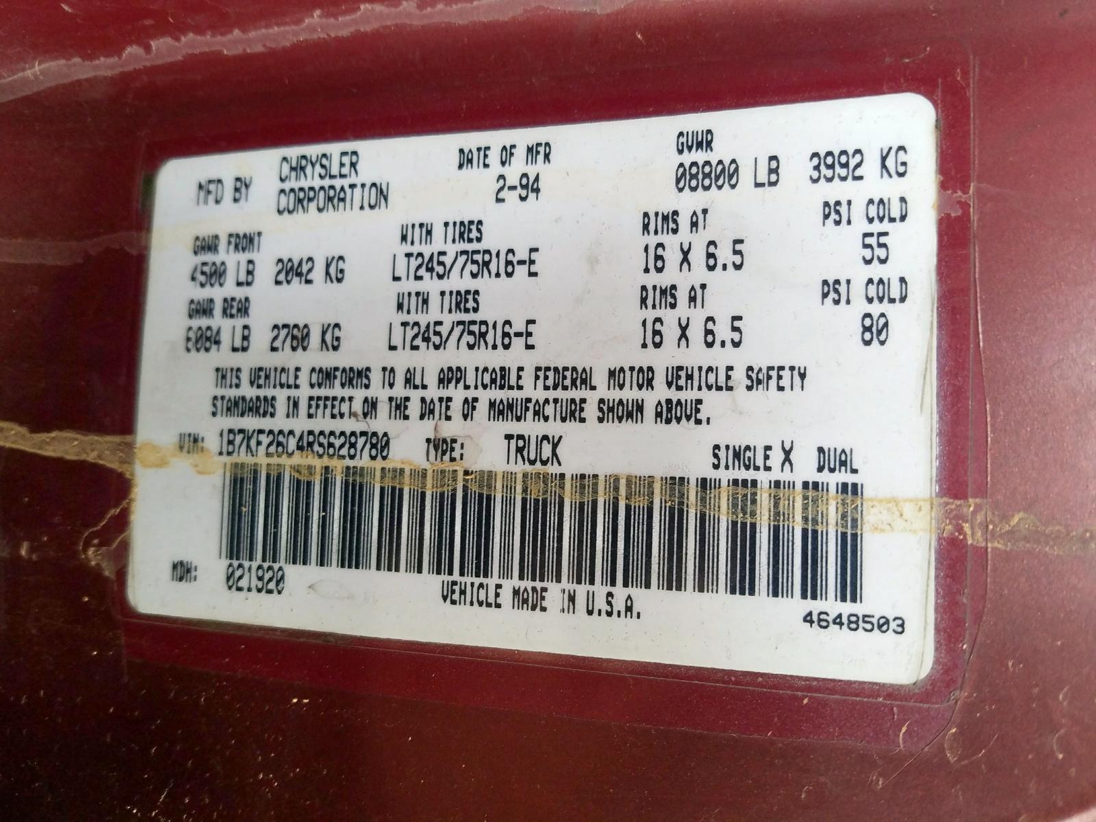 Photo 10 from auction – 1994 DODGE RAM 2500 with VIN 1B7KF26C4RS628780