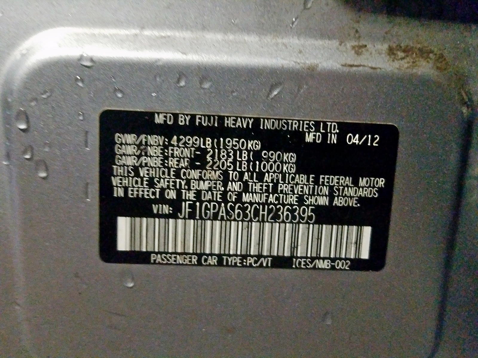 Photo 10 from auction – 2012 SUBARU IMPREZA SP with VIN JF1GPAS63CH236395