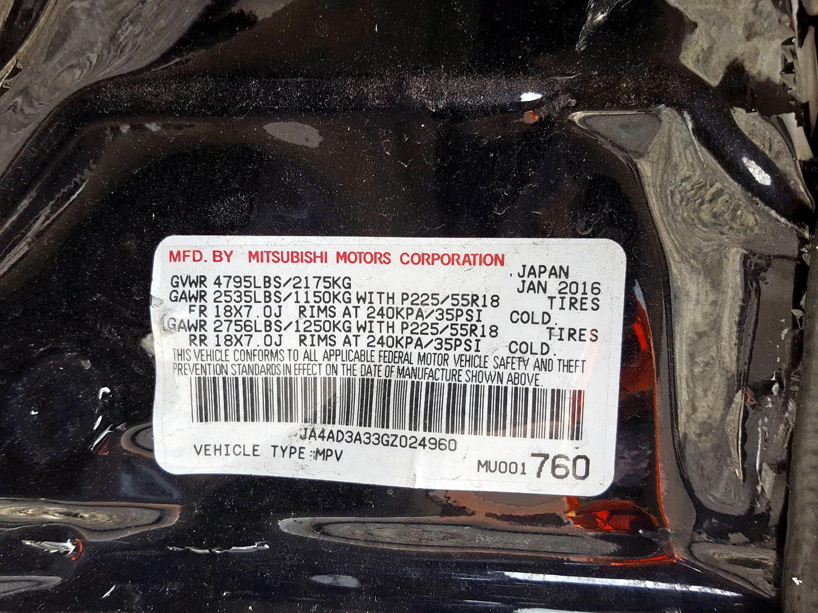 Photo 10 from auction – 2016 MITSUBISHI OUTLANDER with VIN JA4AD3A33GZ024960