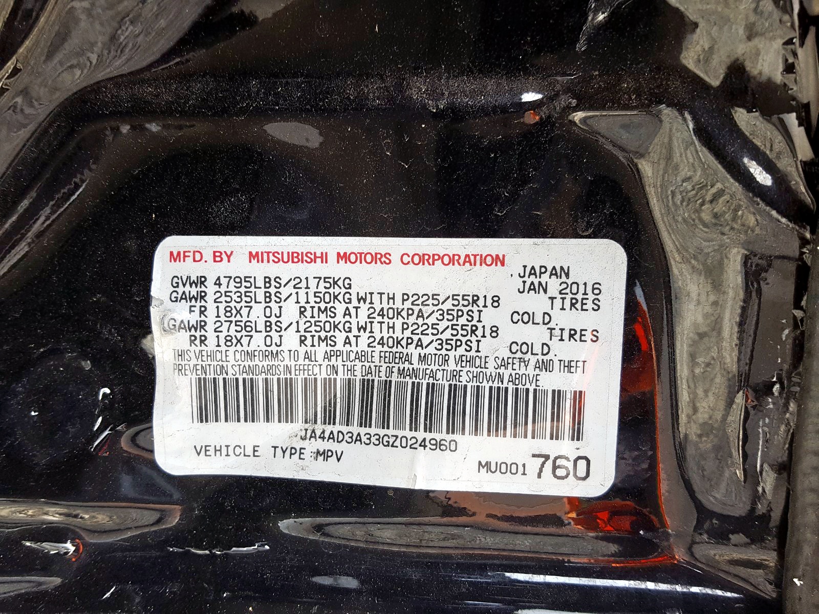 صورة رقم 10 من المزاد - 2016 MITSUBISHI OUTLANDER مع VIN JA4AD3A33GZ024960