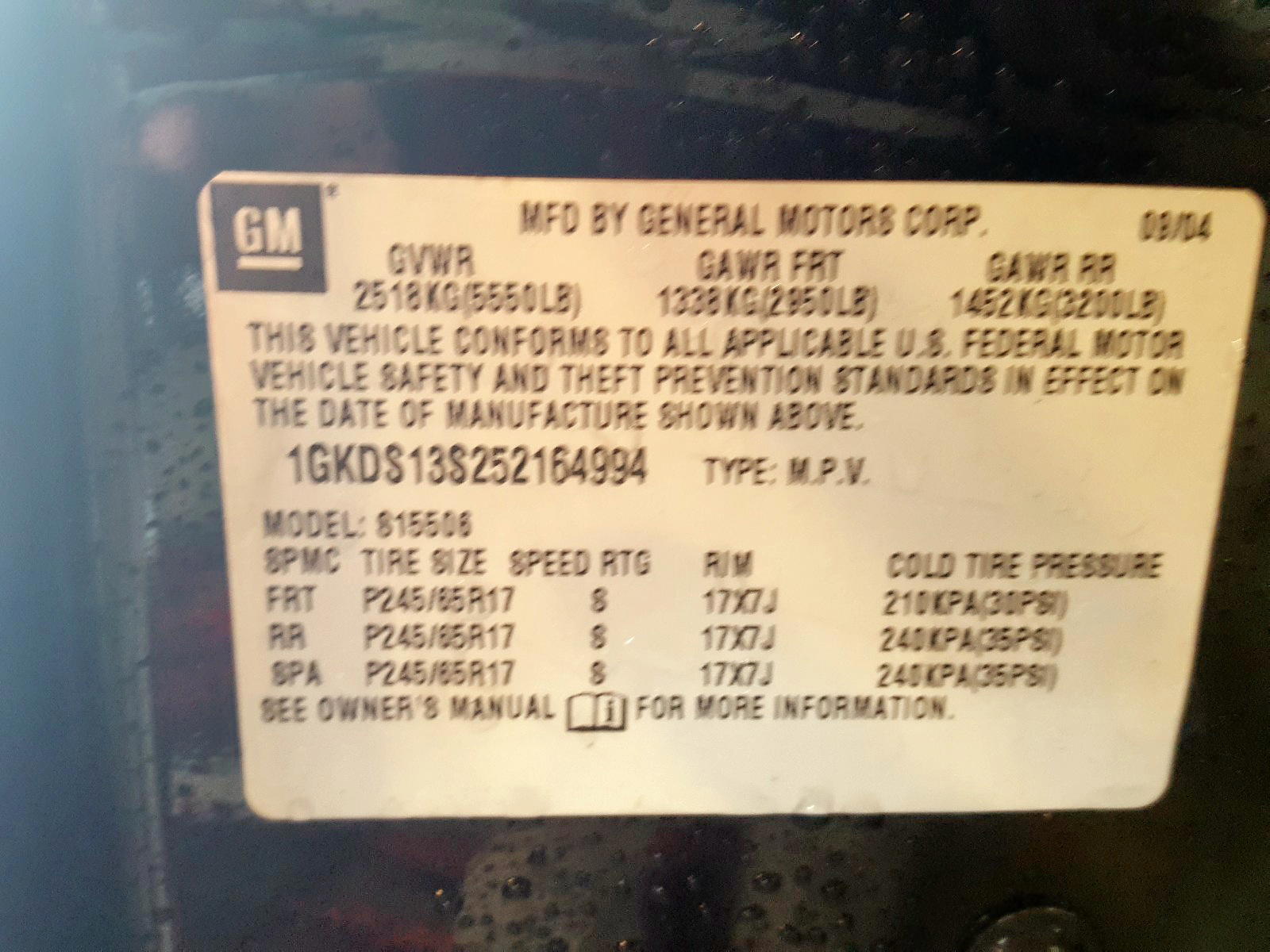 Photo 10 from auction – 2005 GMC ENVOY with VIN 1GKDS13S252164994