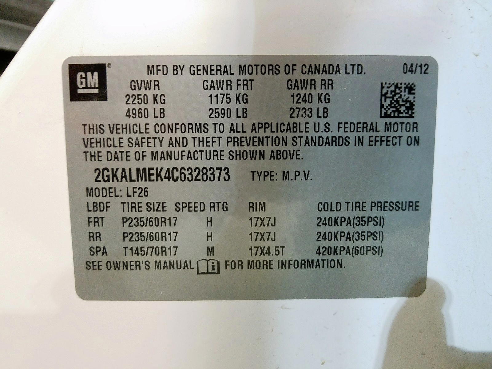 Photo 10 from auction – 2012 GMC TERRAIN SL with VIN 2GKALMEK4C6328373