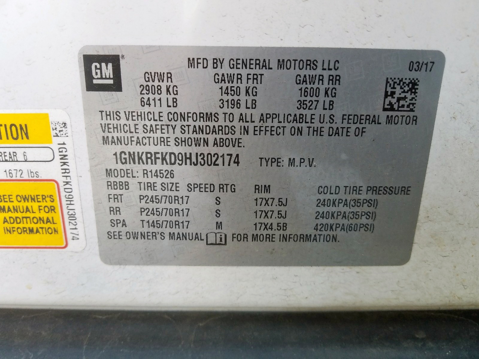 Photo 10 from auction – 2017 CHEVROLET TRAVERSE L with VIN 1GNKRFKD9HJ302174