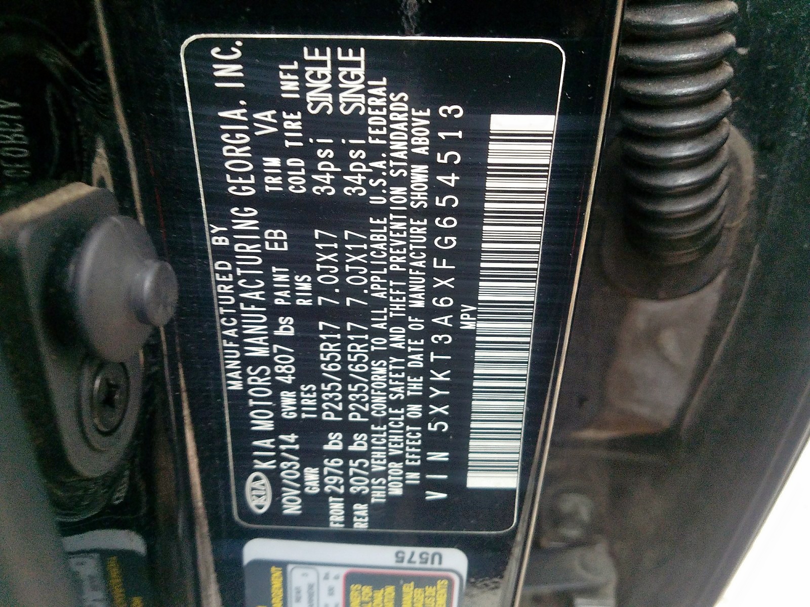 Photo 10 from auction – 2015 KIA SORENTO LX with VIN 5XYKT3A6XFG654513