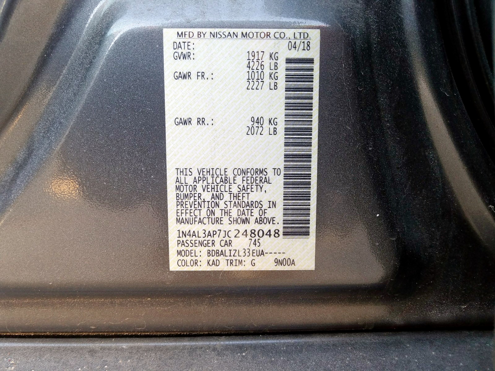 Photo 10 from auction – 2018 NISSAN ALTIMA 2.5 with VIN 1N4AL3AP7JC248048