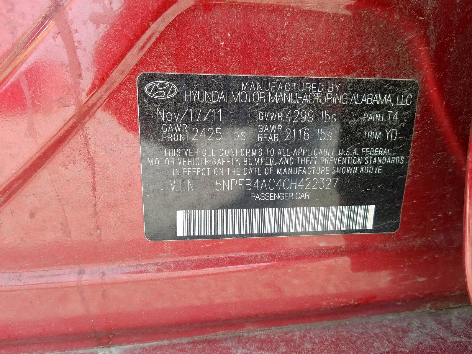 Photo 10 from auction – 2012 HYUNDAI SONATA GLS with VIN 5NPEB4AC4CH422327