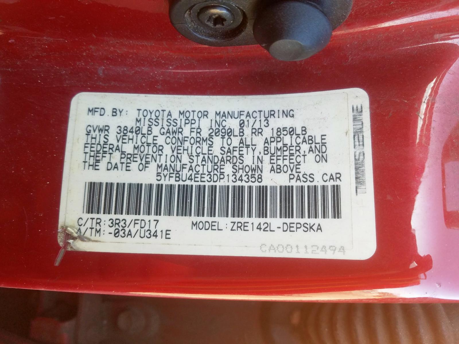 Photo 10 from auction – 2013 TOYOTA COROLLA BA with VIN 5YFBU4EE3DP134358