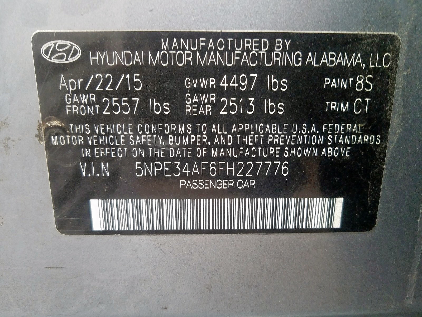 Photo 10 from auction – 2015 HYUNDAI SONATA SPO with VIN 5NPE34AF6FH227776