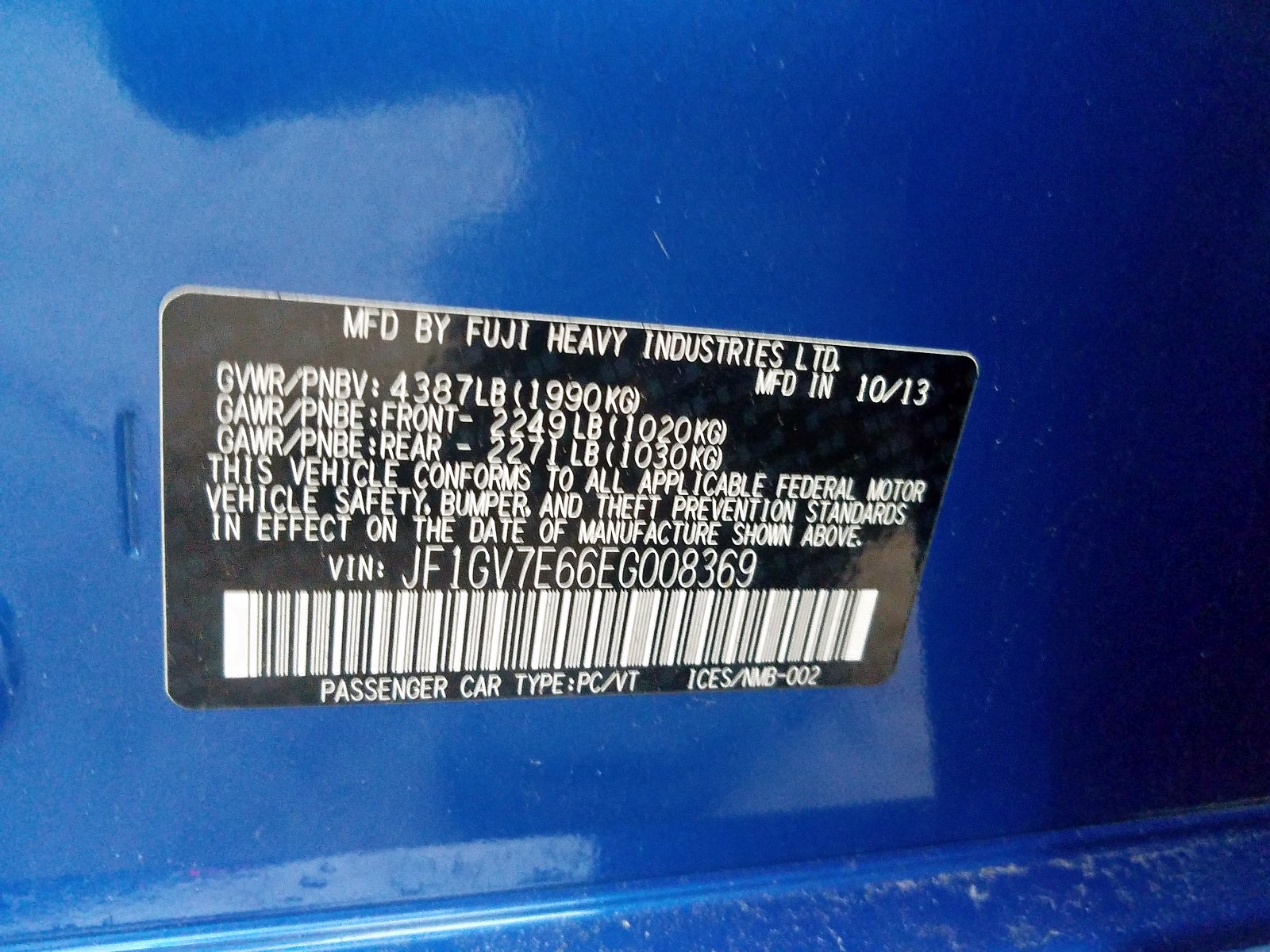 Photo 10 from auction – 2014 SUBARU IMPREZA WR with VIN JF1GV7E66EG008369