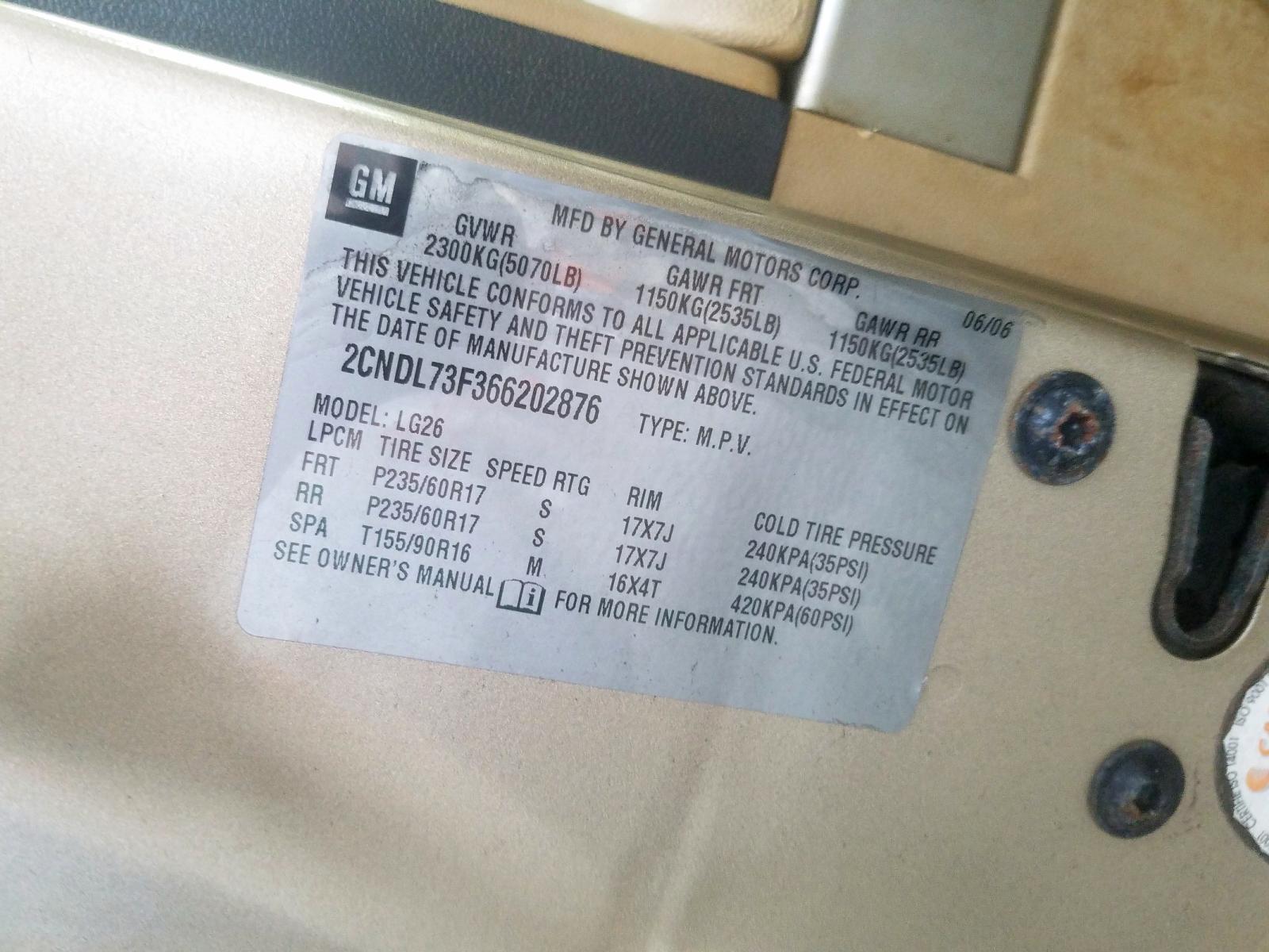 Photo 10 from auction – 2006 CHEVROLET EQUINOX LT with VIN 2CNDL73F366202876