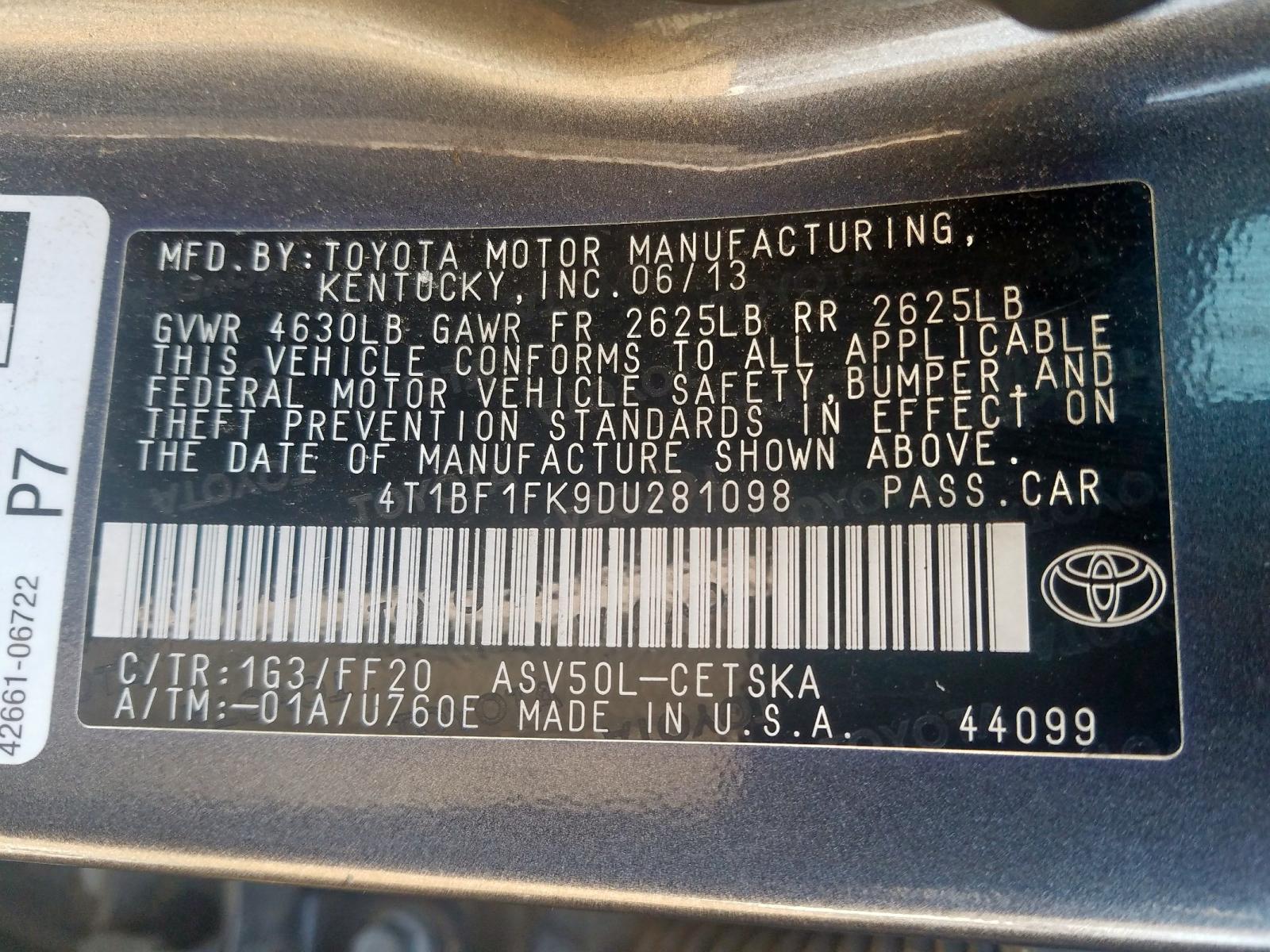 Photo 10 from auction – 2013 TOYOTA CAMRY L with VIN 4T1BF1FK9DU281098