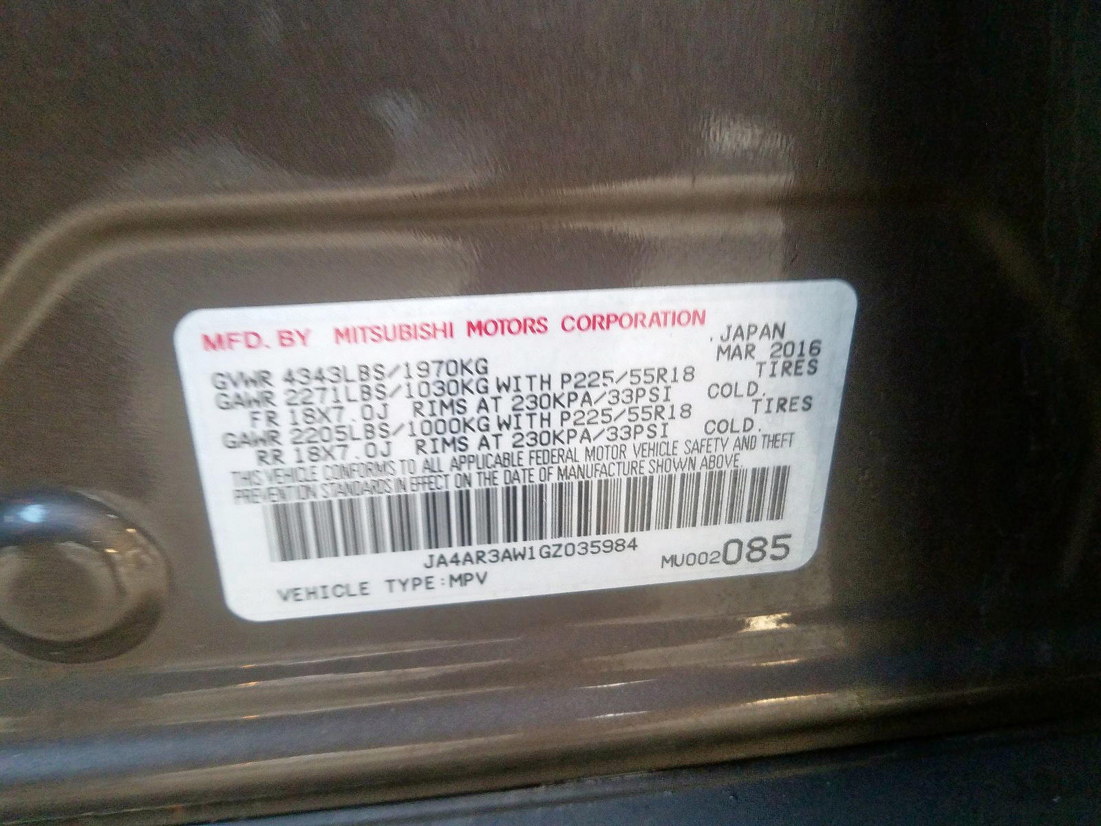 Photo 10 from auction – 2016 MITSUBISHI OUTLANDER with VIN JA4AR3AW1GZ035984