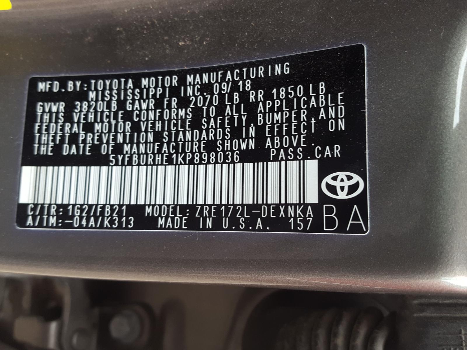Photo 10 from auction – 2019 TOYOTA COROLLA L with VIN 5YFBURHE1KP898036