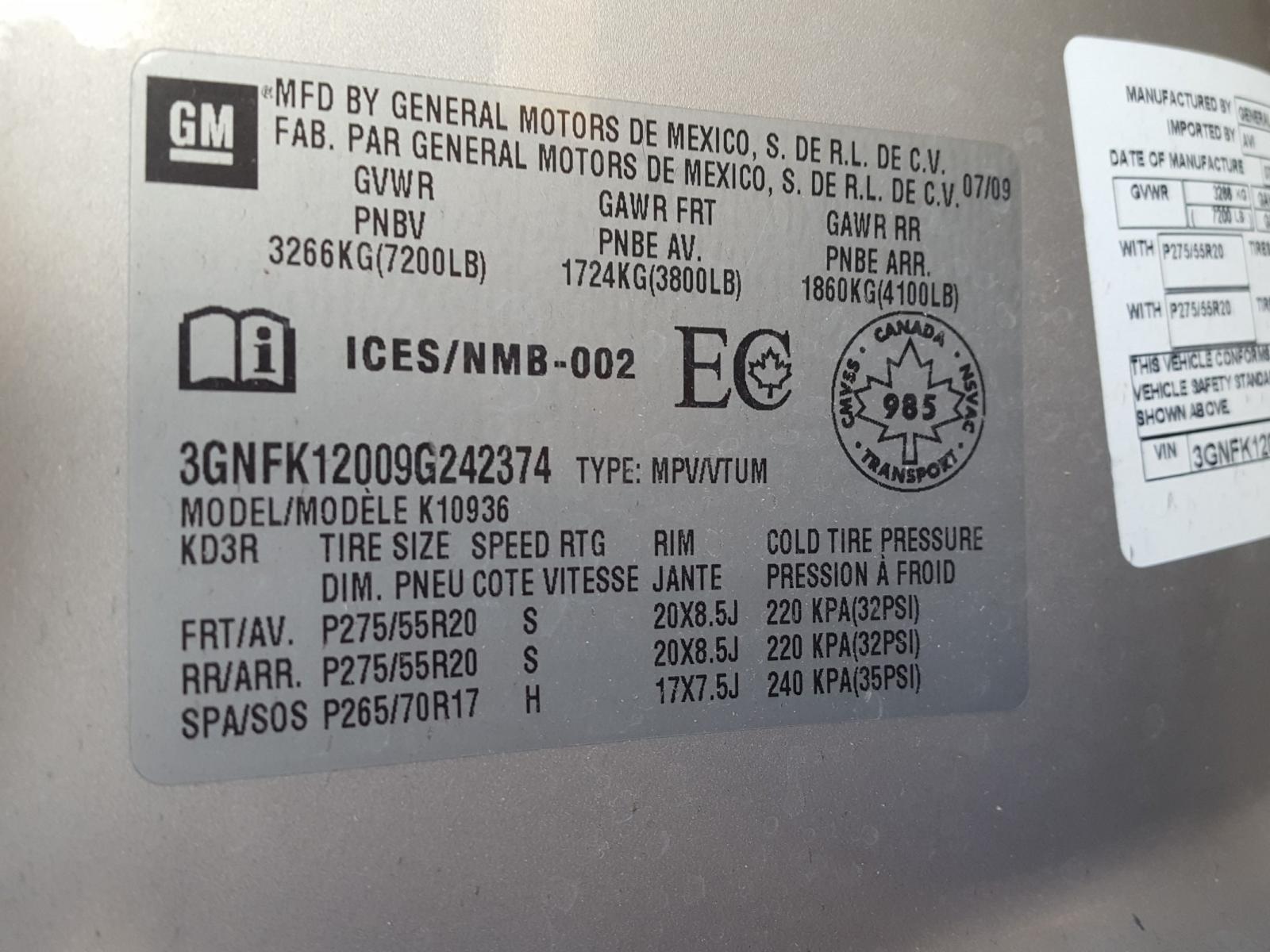 Photo 10 from auction – 2009 CHEVROLET AVALANCHE with VIN 3GNFK12009G242374