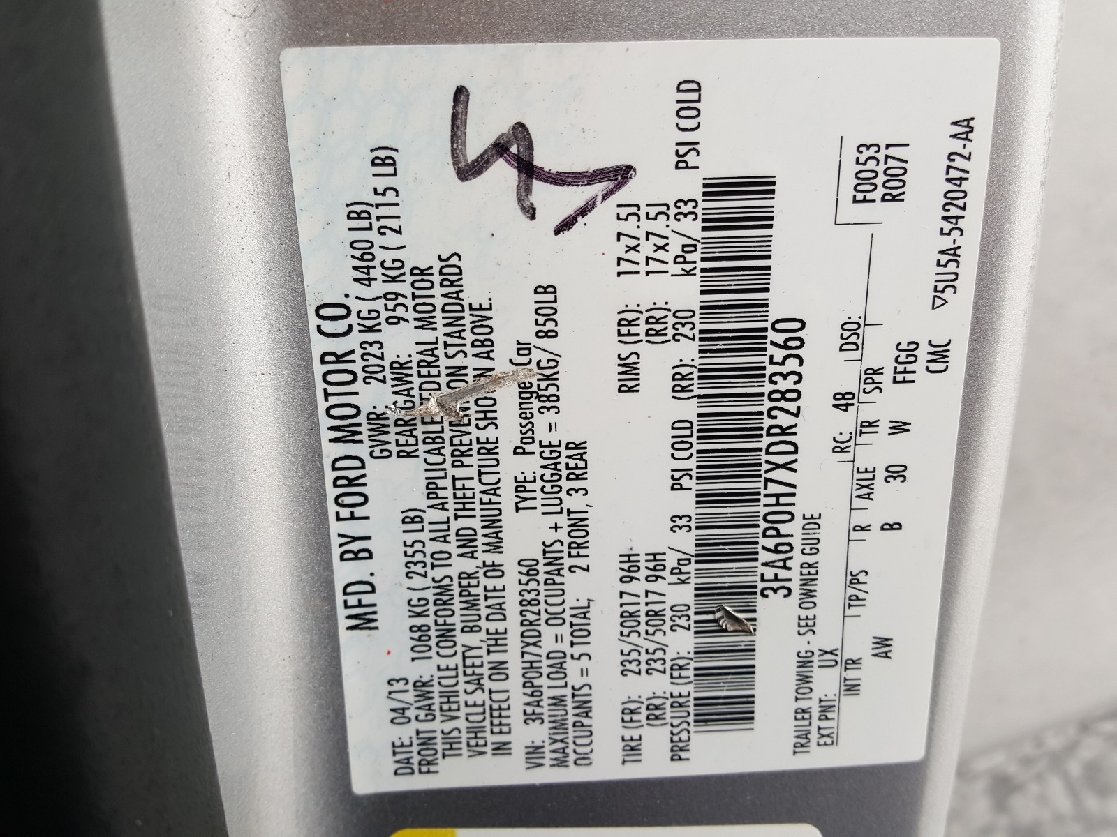 Photo 10 from auction – 2013 FORD FUSION SE with VIN 3FA6P0H7XDR283560