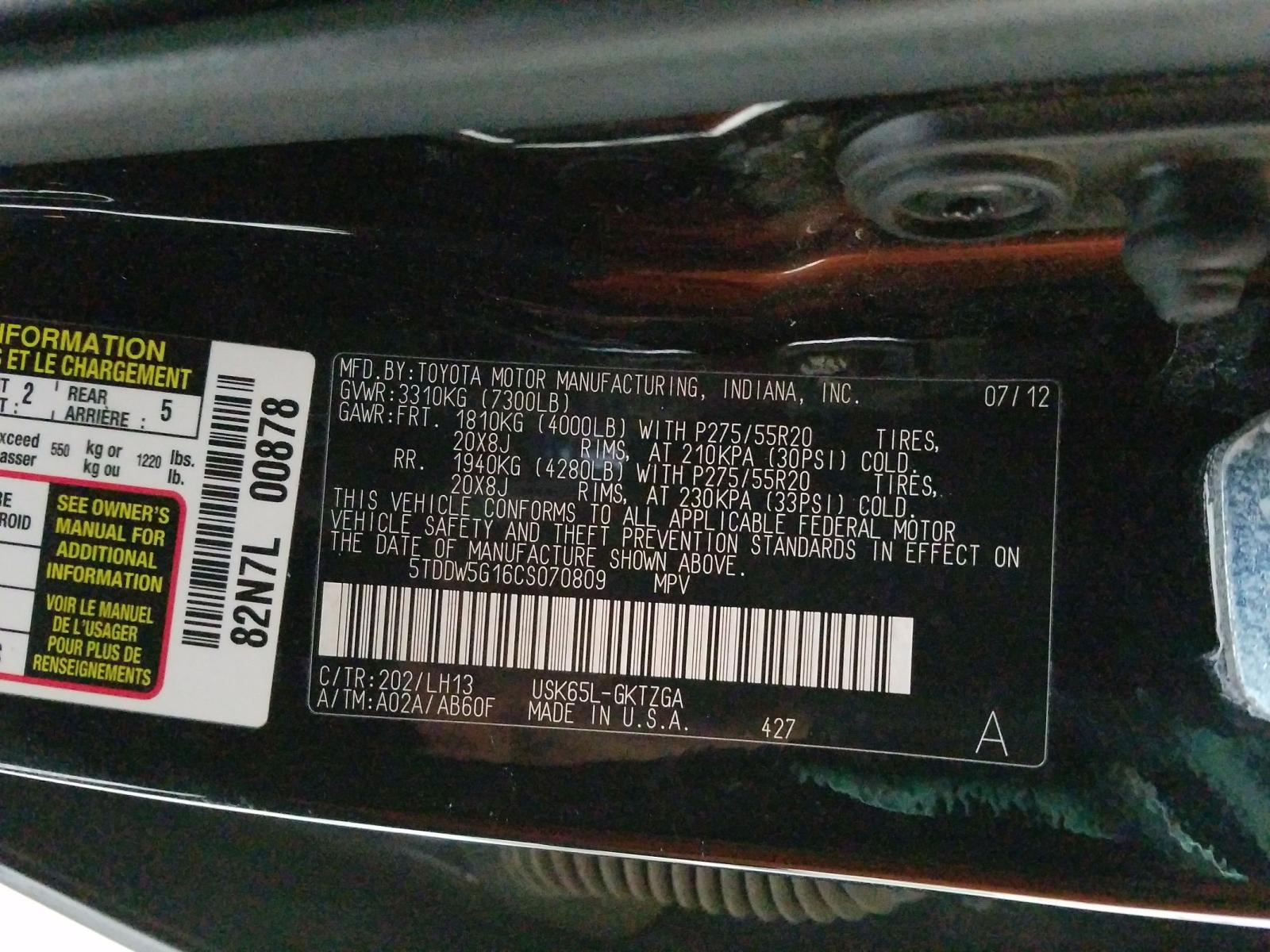 Photo 10 from auction – 2012 TOYOTA SEQUOIA PL with VIN 5TDDW5G16CS070809