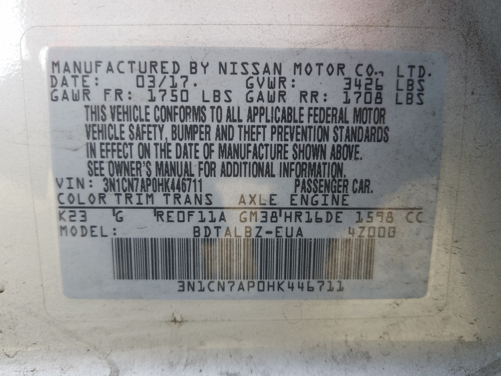 Photo 10 from auction – 2017 NISSAN VERSA S with VIN 3N1CN7AP0HK446711