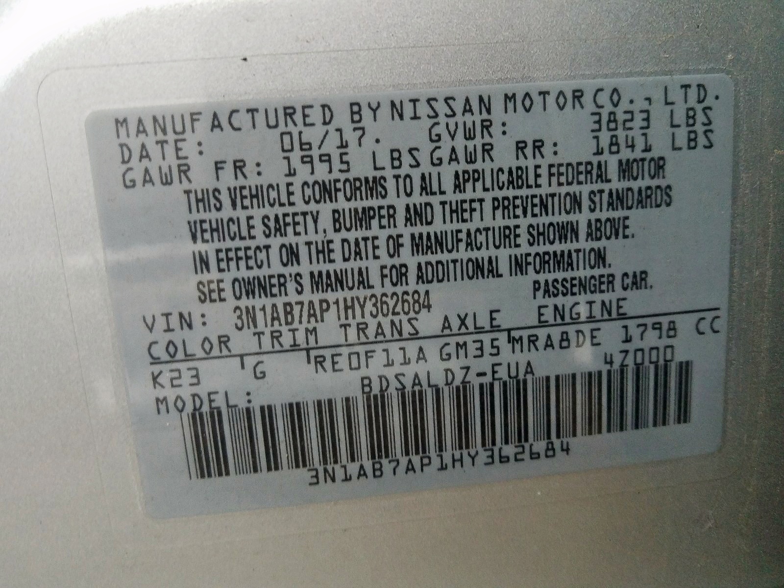 Photo 10 from auction – 2017 NISSAN SENTRA S with VIN 3N1AB7AP1HY362684