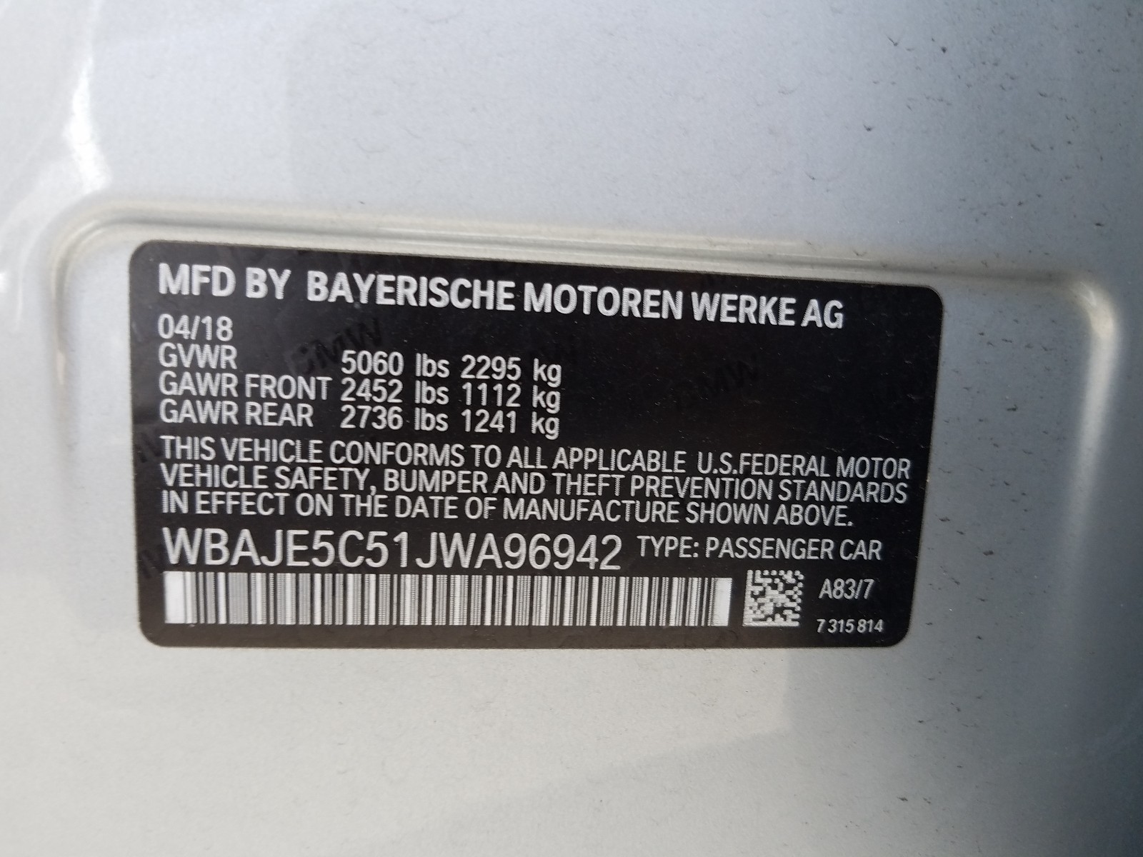 Photo 10 from auction – 2018 BMW 540 I with VIN WBAJE5C51JWA96942