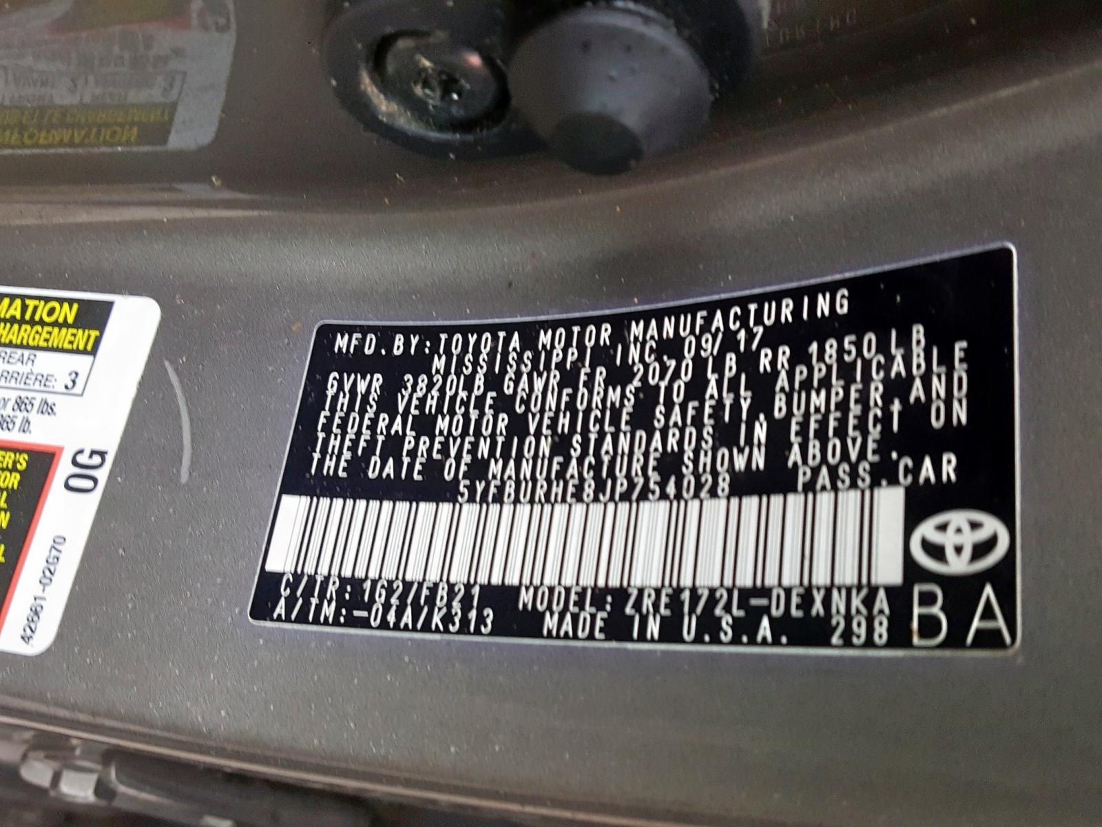Photo 10 from auction – 2018 TOYOTA COROLLA L with VIN 5YFBURHE8JP754028