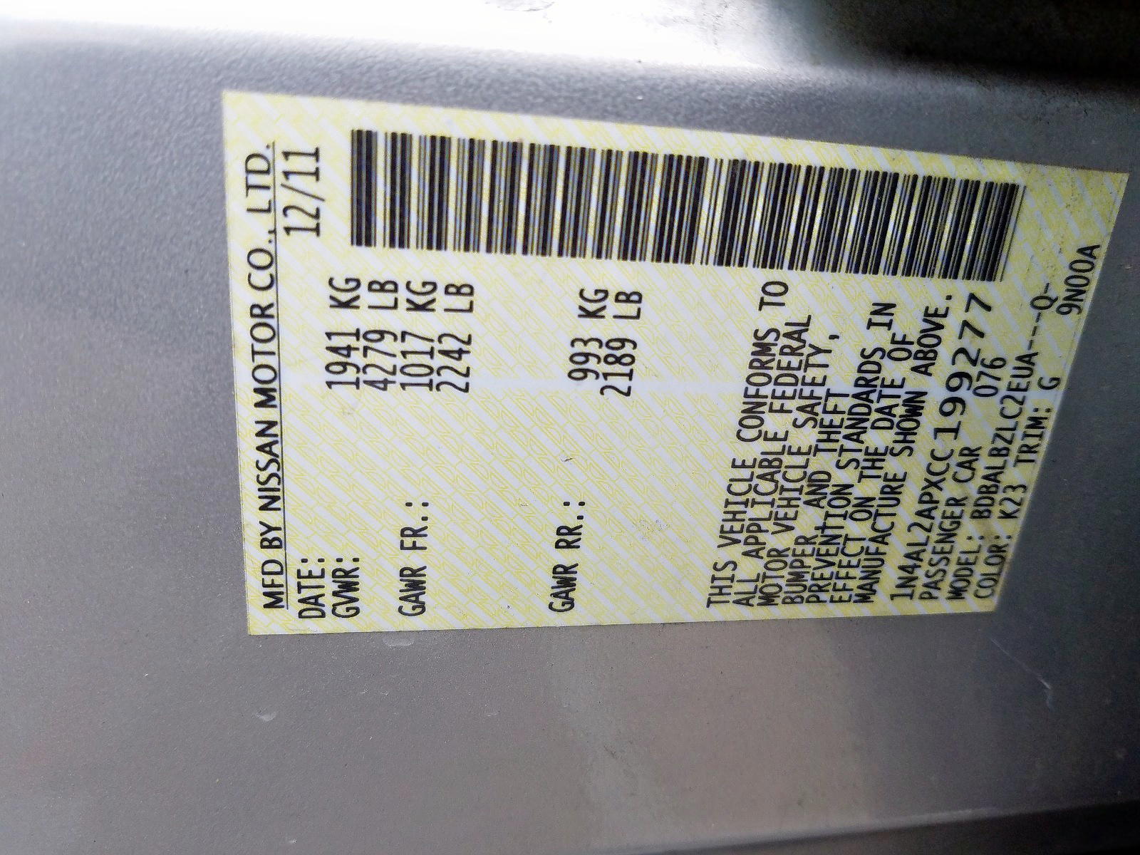 Photo 10 from auction – 2012 NISSAN ALTIMA BAS with VIN 1N4AL2APXCC199277