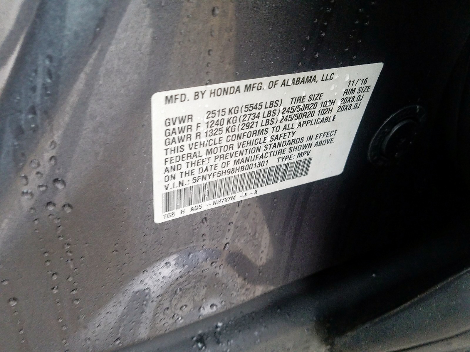 Photo 10 from auction – 2017 HONDA PILOT TOUR with VIN 5FNYF5H98HB001301