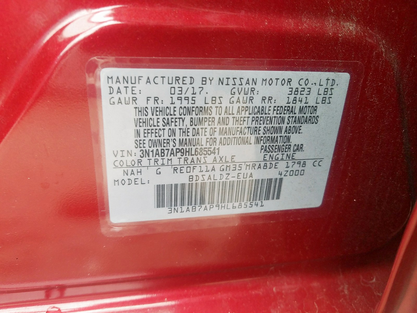 Photo 10 from auction – 2017 NISSAN SENTRA S with VIN 3N1AB7AP9HL685541